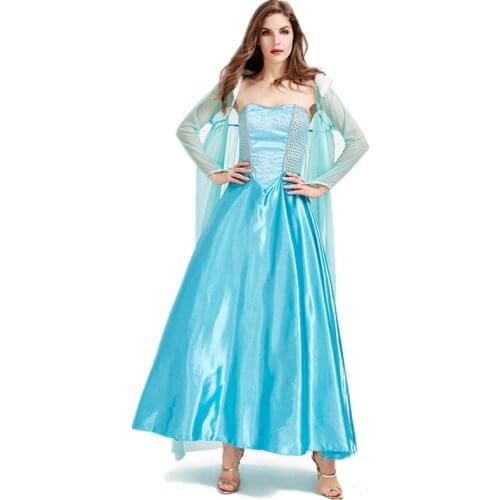 Halloween Cosplay Fairy Tale Princess Costume Women Light Blue Tube Top Sexy Long Dress With Cloak