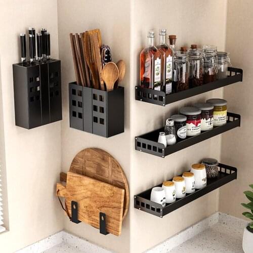 Kitchen Storage Rack Punch-free Wall-mounted Spice Bottle Storage Shelf Towel Chopstic Knife Kitchenware Hook Kitchen Organizer