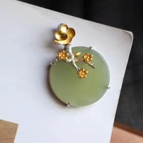 S925 Sterling Silver Gold-Plated Hetian Jade Green Jade Pendant Blue and White Branch Flower and Leaf round Plate Pendant Hetian