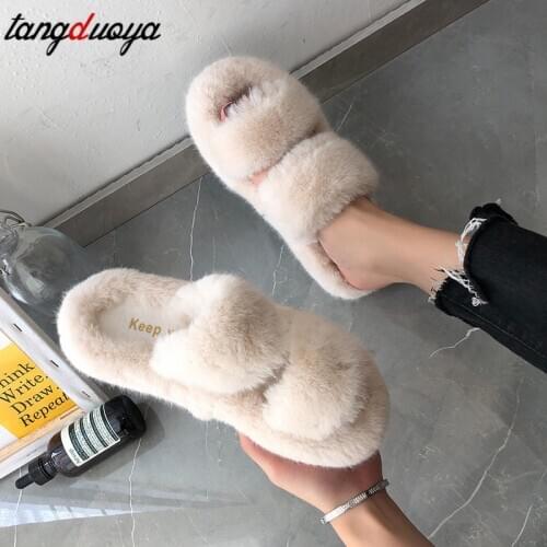 Furry slippers winter Korean net white fur Womens shoes female flat word with fur slippers fashion home lazy slippers women