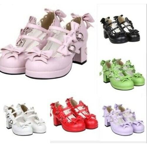 Many Jane Lolita Buckle Strap Platform Bowknot Decor High Block Heel Women Shoes Pumps Sweet Cosplay Plus Size Candy Colors F59