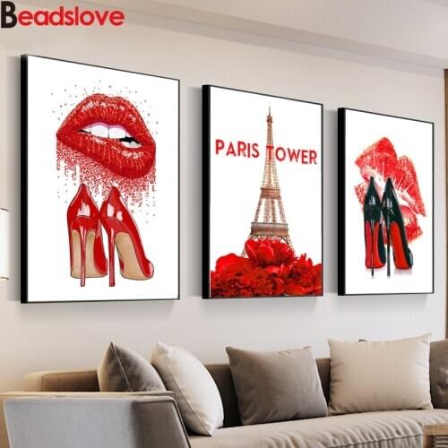 Fashion Girl Red Lips Flower 5D DIY Diamond Painting Wall Art High heels rhinestone Painting DIY Mosaic Pictures 3 pcs Paris art
