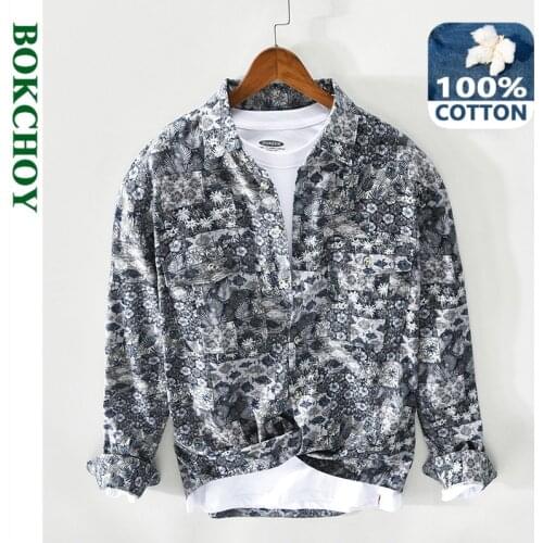 2021 Spring New Men Floral Print Shirt Cotton Long Sleeve Button Up Casual Coat Z128