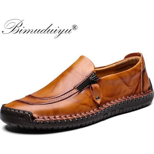 BIMUDUIYU Handmade Genuine Leather Shoes Men Brand Casual Moccasins Men Fashion Loafers Slip on Rubber Flats Zip opening