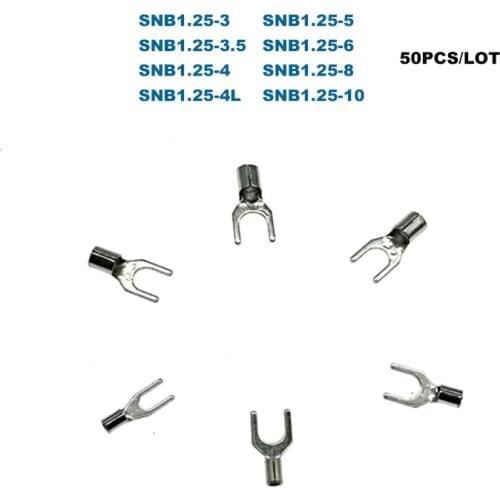 50Pcs Spade Bare Crimp Terminals Electrical Cord End Wire Connector SNB1.25-3/4/5/6/8/10 Cable Ferrules 0.5-1.5mm2 22-16AWG