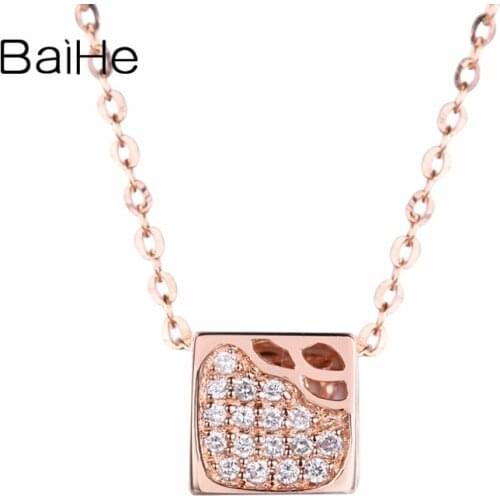 BAIHE Solid 18k Rose Gold 0.08ct SI/H Round Natural Diamonds Fine Jewelry Women Trendy Delicate square diamond pendant Necklace