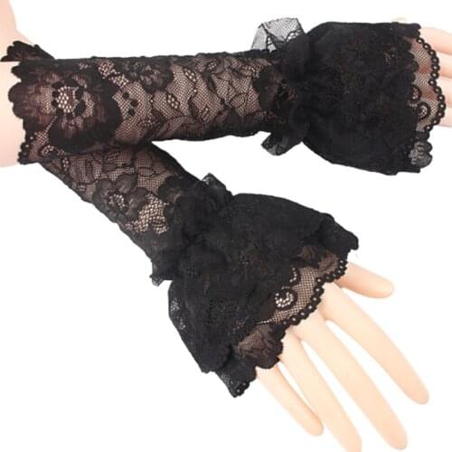 Bridal Ruffled Fingerless Gloves Sheer Floral Lace Wedding Arm Warmer Sleeves