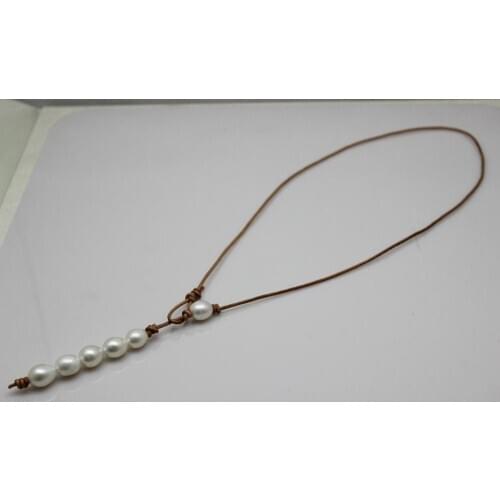 Simple and Beautiful 6 Beads White Freshwater Pearls and Primary colors Leather Handmade Necklaces 9x12mm 20INCH