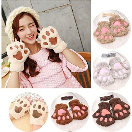 Christmas Gift Lower Price Winter Girl Cute Bear Cats Claw Cashmere Neck Hanging Half Finger Gloves Mittens Xmas gifts guantes