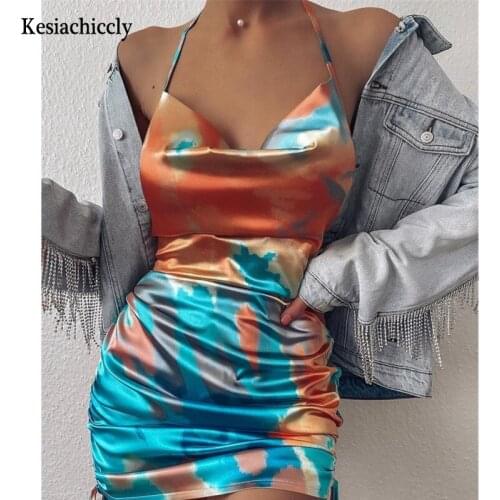 Kesiachiccly Sexy Summer Dress 2021 Women Spaghetti Strap Bodycon Dress Slim Stretch Multi Wear Ruched Club Satin Dress Vestidos