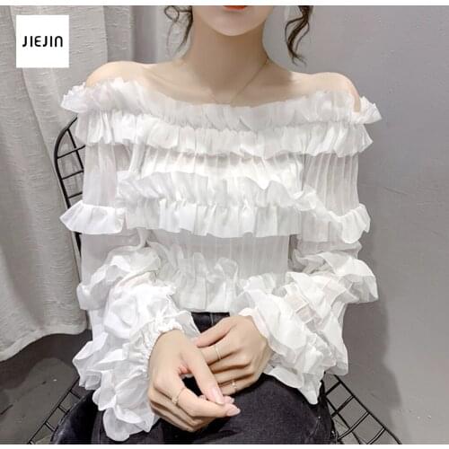 Sexy Off Shoulder Womens Blouses 2021 Ruffles Puff Sleeve Elegant Tops Summer Vintage White Black Women Korean Shirt Blouse 3Xl