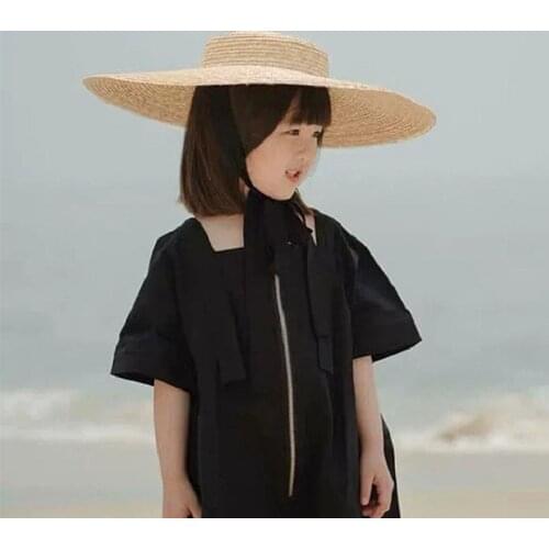 Fashion Childrens Summer Hat Flat Top Wide Brim Hat Black Strap Kid Straw Hat Girl Cap Beach Hat Travel Sun Protection Caps