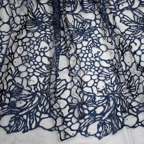 Nave blue shining handmade sequins tulle net lace with pearls for wholesale dubai lace HY0716-6