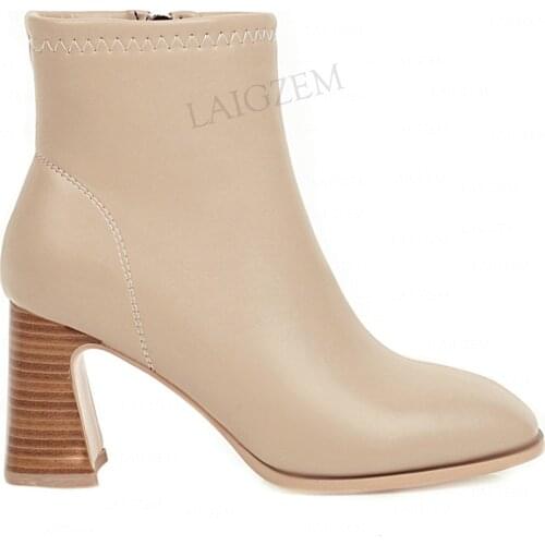 LAIGZEM Women Ankle Booties Side Zip Up Block Heels Faux Leather Handmade Dress Office Ladie Shoes Woman Big Size 42 44 47 48