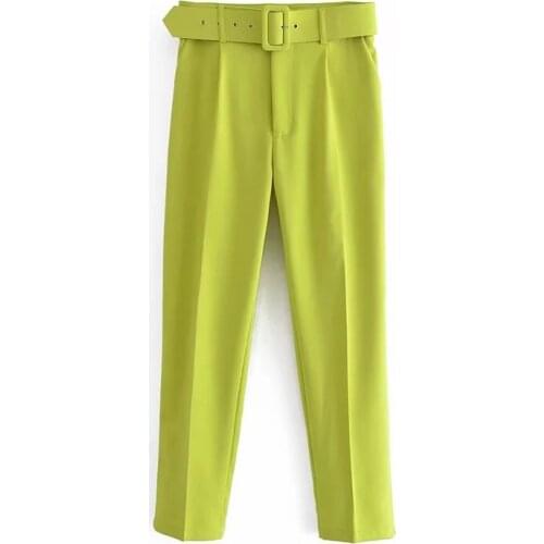 Women elegant Fluorescent green pants sashes pockets zipper fly solid ladies streetwear 2021 casual chic trousers pantalones