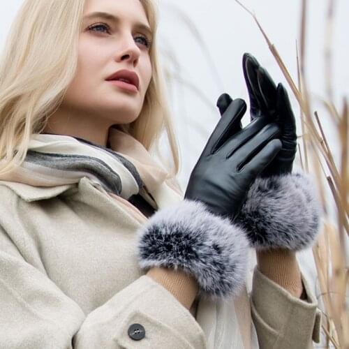 100% Genuine Sheepskin Rabbit Fur Gloves Women Soft Spring Winter Warm Fluff Gloves Mittens SW1000