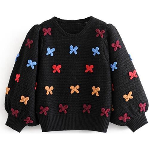 Stylish Bow Embroidery Sweaters Women Fashion O Neck Pullovers Elegant Ladies Three Quarter Puff Sleeve Knitwear