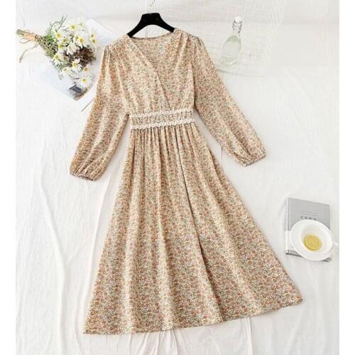 2021 Spring Summer Fashion Long sleeve Dress Vintage Floral Printing A-line Dress Elegant Women Beach Chiffon Midi Dresses