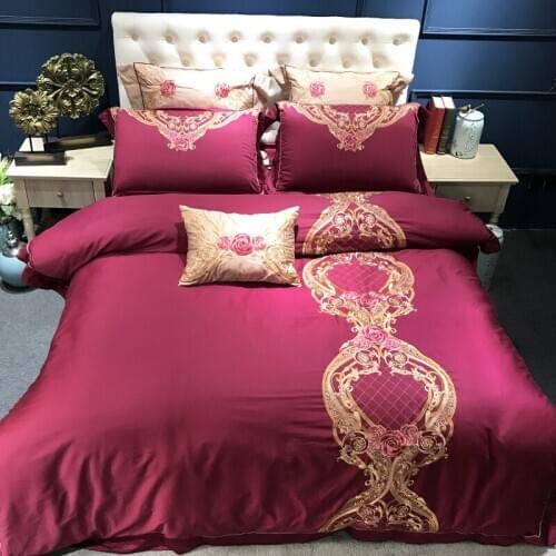 100% Egyptian Cotton red Luxury Royal Bedding set Embroidered Queen King Size Duvet Cover Bed linen set Decorative Pillowcase