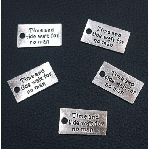 6pcs Time and Tide Wait For No Man Tag Metal Pendants DIY Charm Necklace Key Chain Jewelry Accessories 29*15mm A2278