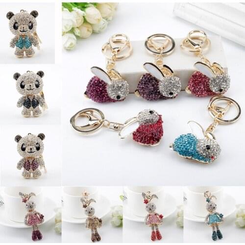 12Types Sparking Mini Animal Inlaid Crystal Keychain Full Rhinestone Rabbit Bear Shape Pendant Keyring Jewelry Women Bag Accesso