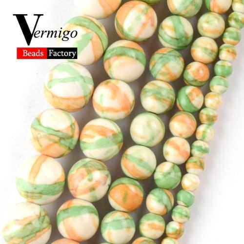 Green Orange Strip Rain Flower Natural Stone DIY Necklace Bracelet For Jewelry Making Round Loose Spacer Beads 4mm-10mm 15"