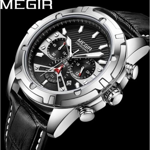 MEGIR Watch Men Waterproof Chronograph Military Army Male Clock Top Brand Luxury Genuine Leather Man Sport Wristwatch Gift 2102