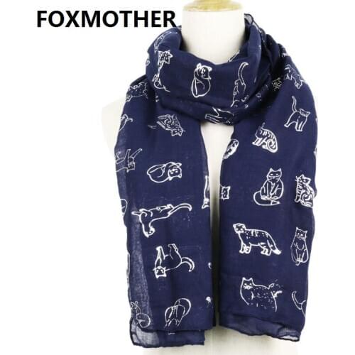 FOXMOTHER Ladies Cute Cat Foil Print Scarf Wrap shawl Travel Women Female Black Navy Scarf Autumn Winter Shawls hijab