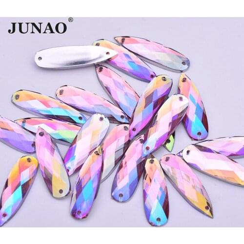 JUNAO 100pcs Sewing Pink AB Teardrop Rhinestones Applique Flatback Acrylic Strass Sewn Crystal Stone for Needlework Crafts