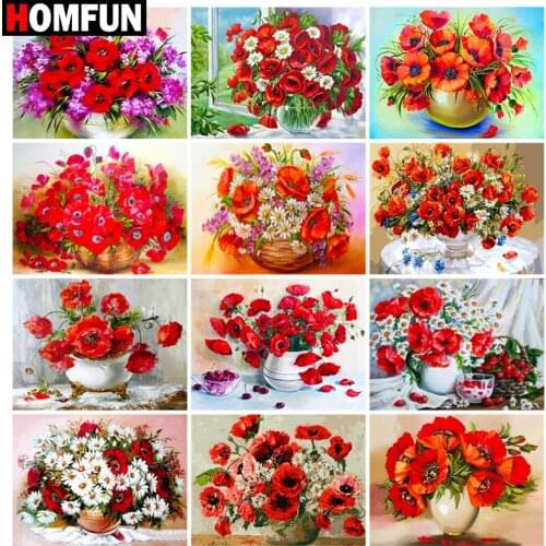 HOMFUN Rhinestone Painting Crystal Decor Diy Diamond Painting "Flower vase red" 3D Cross Stitch Pattern Diamond Embroidery
