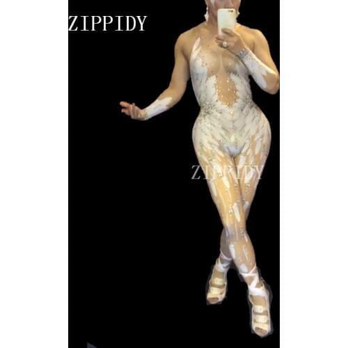 White Feather Printed Crystals Wings Angel Jumpsuit Nigthclub Singer Dance Outfit Rhinestones Bodysuit Stage Rompers