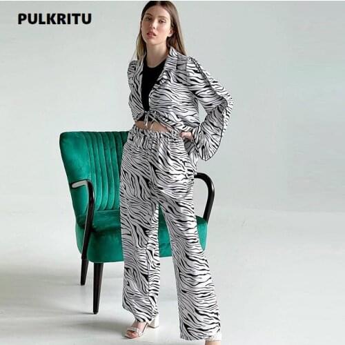 Pulkritu Zebra Two Piece Set Women 2021 Satin Straight Pants Sets Vintage Boho Oversized Shirt High Waist Loose Mujer Sets