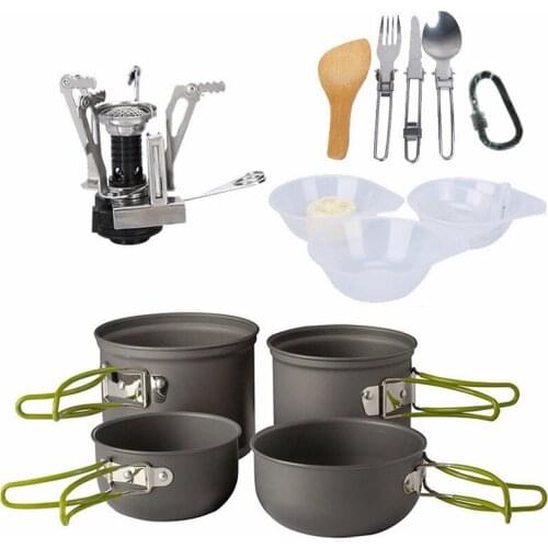 Camping Cookware Mess Kit Hiking Backpacking Picnic Cooking Bowl Non Stick Pot Pan Knife Spoon Set