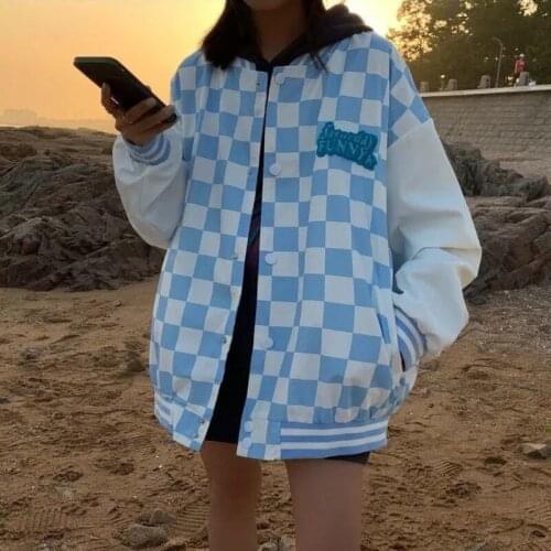 Bomber Jacket Women Baseball Uniform Plaid Printed Versatile Loose American Autumn Coat Harajuku Streetwear Vintage Clothing