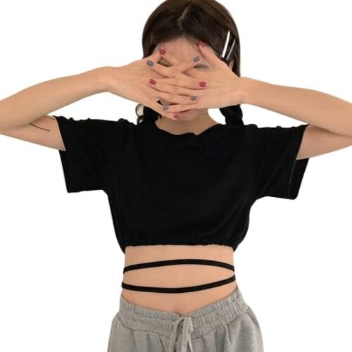 Summer Korean Style Fashion Sexy Personality Tie Rope T Shirt Women Slim Short Style Short-Sleeved T-Shirt Lady Top