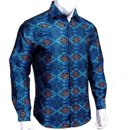 Hi-Tie Navy Paisley Soft Gold Mens Shirts Floral Woven Full Sleeve Casual Shirts For Men Silk High Quality Fashion Wedding Dress