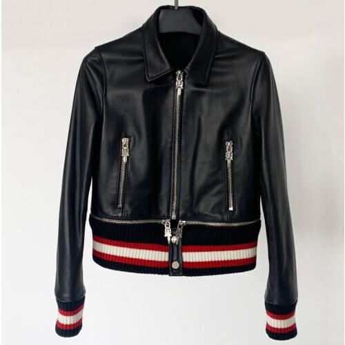 Genuine Leather 2020 spring new leather leather womens sheepskin stitching knitted short leather jacket baseball uniform tide