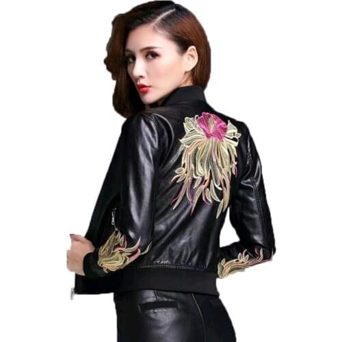 2021 Spring Autumn Embroidery Clothing New Motorcycle Womens Leather Jacket Short Baseball Uniform Loose