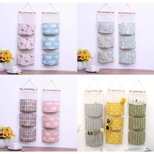 3 Pockets Wall Pouchs Cosmetic Toys Organizer Cotton Linen Flamingo Pattern Hanging Storage Bag Wardrobe Hang Bags Wall Mounted