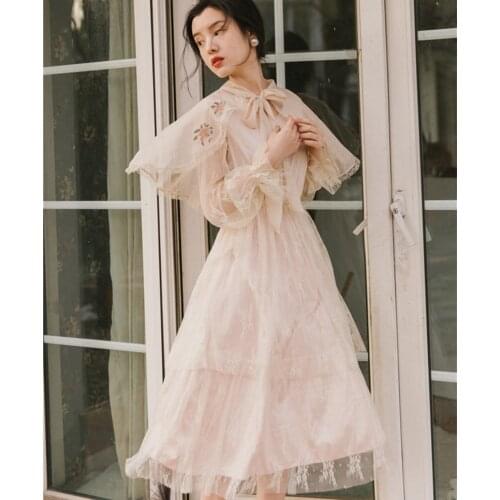 Autumn Mori Girl Style Lace Fairy Dress & Cloak Cottage Vintage Petal Sleeve Soft Romantic Lady Dresses Robe Chic Femme Autumn