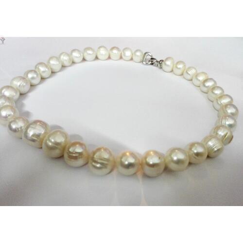 Wedding Women Jewelry huge Necklace 12-15mm White baroque Pearl Choker Necklace Heart Clasp Natural Freshwater Pearl