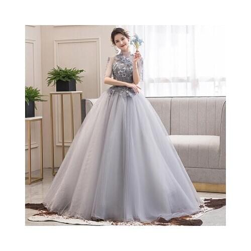 Freeship grey stand collar half sleeve lace flower medieval dress sissi princess Medieval Renaissance Gown Victorian Belle ball