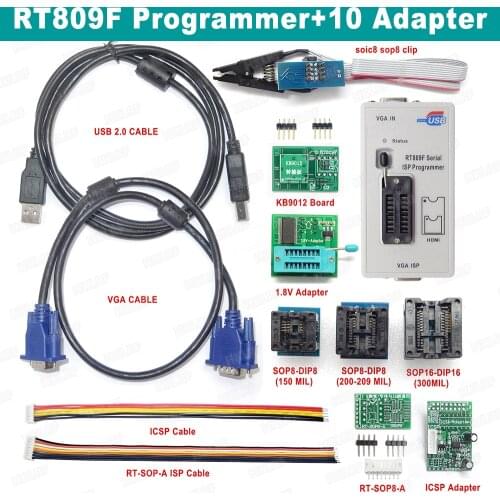 100% Original RT809F Programmer + 10 Adapters+SOP8 IC Clip 1.8V SOP8 Adapter VGA LCD ISP Programmer EDED Cable Free shipping