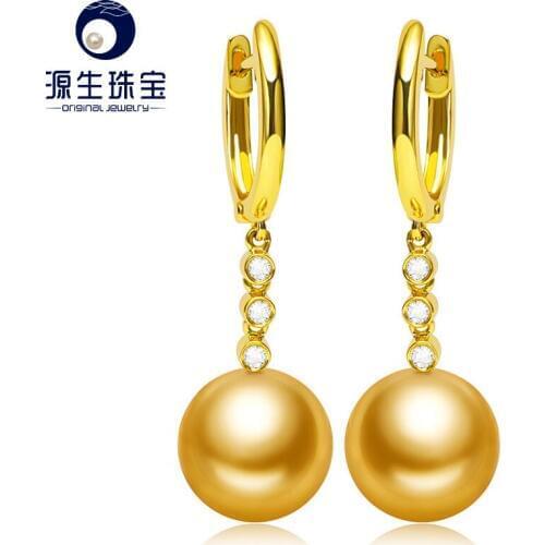 [YS] Classic Style Earring 10-11mm Round 18K Yellow Gold South sea Pearl Drop Earrings