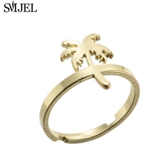 SMJEL Hawaii Coconut Tree Shape Rings for Women Girls Bohemian Beach Adjustable Rings Palm Tree collier femme