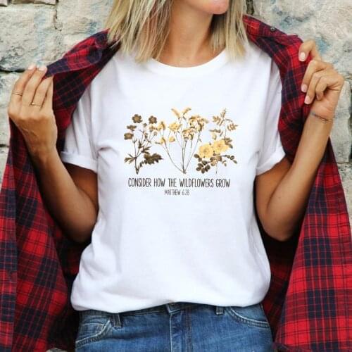 Consider How The Wildflowers Grow Colored T-shirt Aesthetic Christian Bible Verse Tshirt Vintage Women Botanical Flower Top Tee