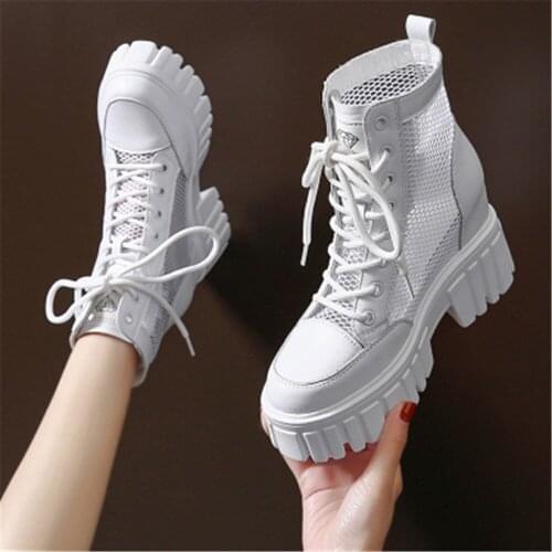 Hollow Out Net Top Sneakers Womens Height Increasing Versatile Ankle Boots 2021 Spring Summer New Breathable Cool Boots White