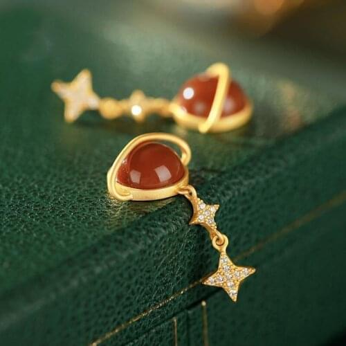 S925 Sterling Silver Inlaid Natural South Red Agate XINGX Fashion Simple Graceful Ear Ornaments Earrings Eardrops Womens New Pr