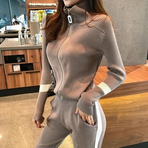 Autumu Two Piece Set Women Long Sleeve Zipper Knitted Cardigans + Elasticity Pencil Pants Fashion Slim Jacket Trousers Sets