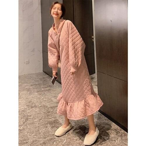 Winter Dress 2019 Women New Fashion Cotton Padded Clothes Casual Warm Fashion Fishtail Dress Ladies Loose Vestidos Pink f2271